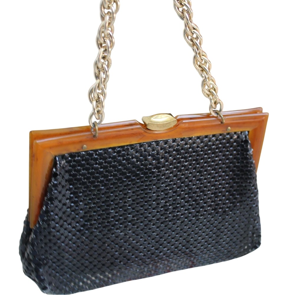 Whiting & Davis Vintage Black Metal Mesh Handbag Amber Lucite Frame Gold Chain